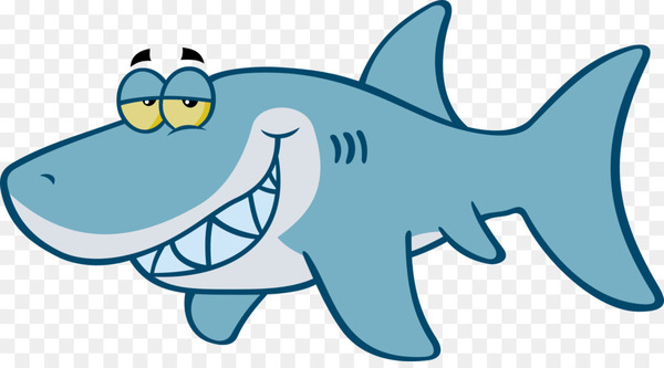 Friendly cartoon shark with big yellow eyes and a wide grin, blue-gray body, transparent background.