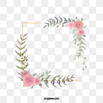 Delicate floral frame with pink roses and greenery on transparent background, gold border accent.