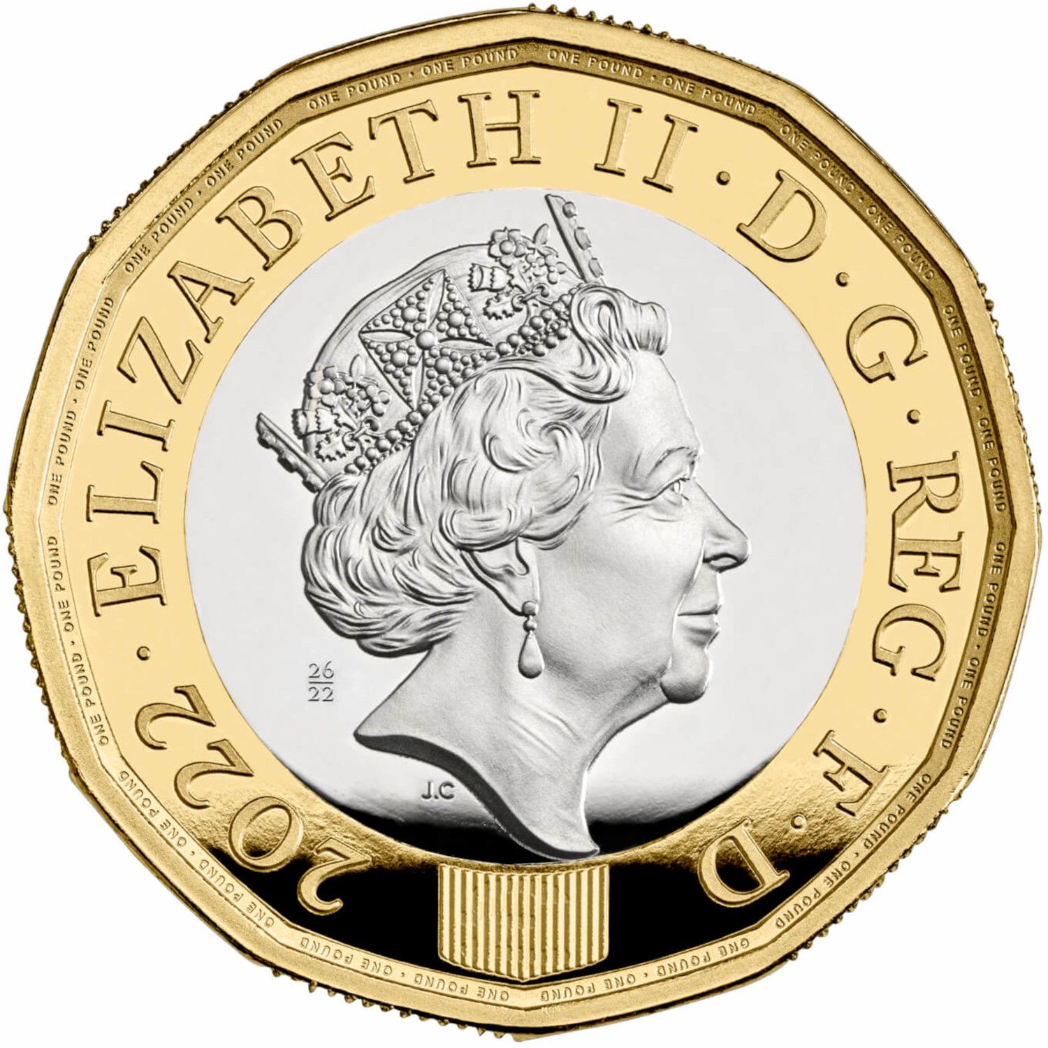 2022 UK £1 coin featuring Queen Elizabeth II’s profile, gold and silver bimetallic design, J.C. initials, and “26/22” privy mark.