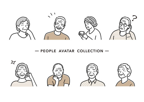 Collection of eight illustrated elderly avatars showing diverse expressions and poses, including thinking, smiling, using a phone, and questioning.
