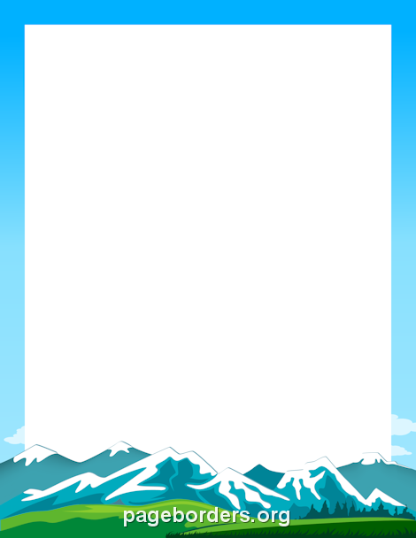Mountain landscape border with blue sky, green hills, and snow-capped peaks framing a white central space.