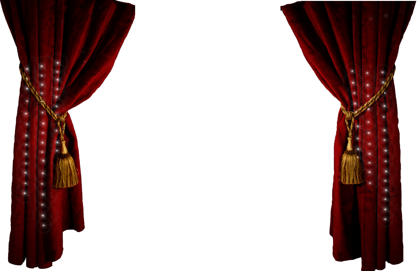 Luxurious red velvet theater curtains tied back with ornate gold rope and tassel, sparkling highlights.