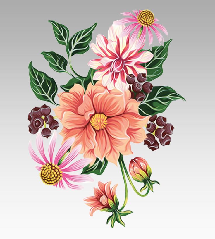 Vibrant floral bouquet with pink, peach, and purple flowers, green leaves, and buds on a gradient background.
