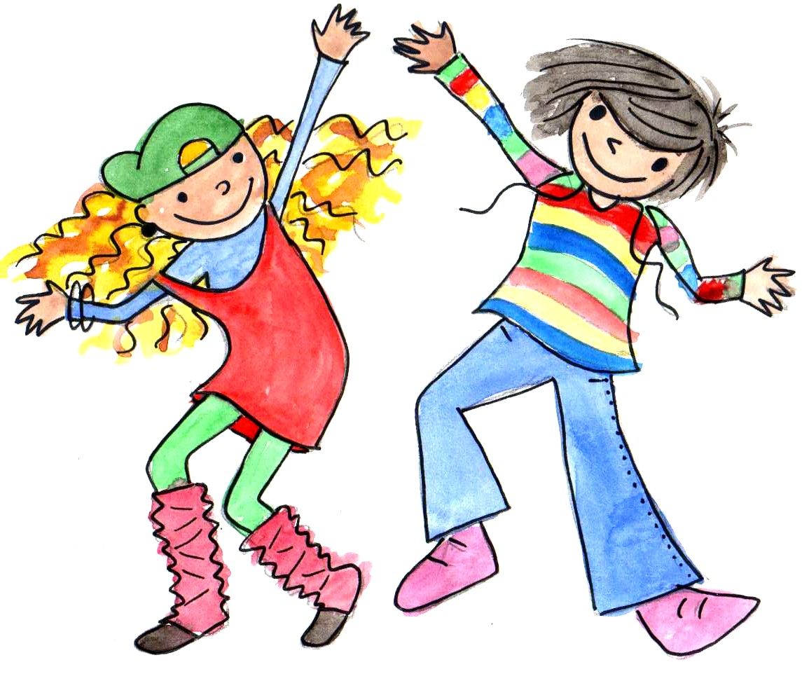 Two joyful children dancing energetically-one in a green cap and red dress, the other in a rainbow striped shirt and flared jeans.