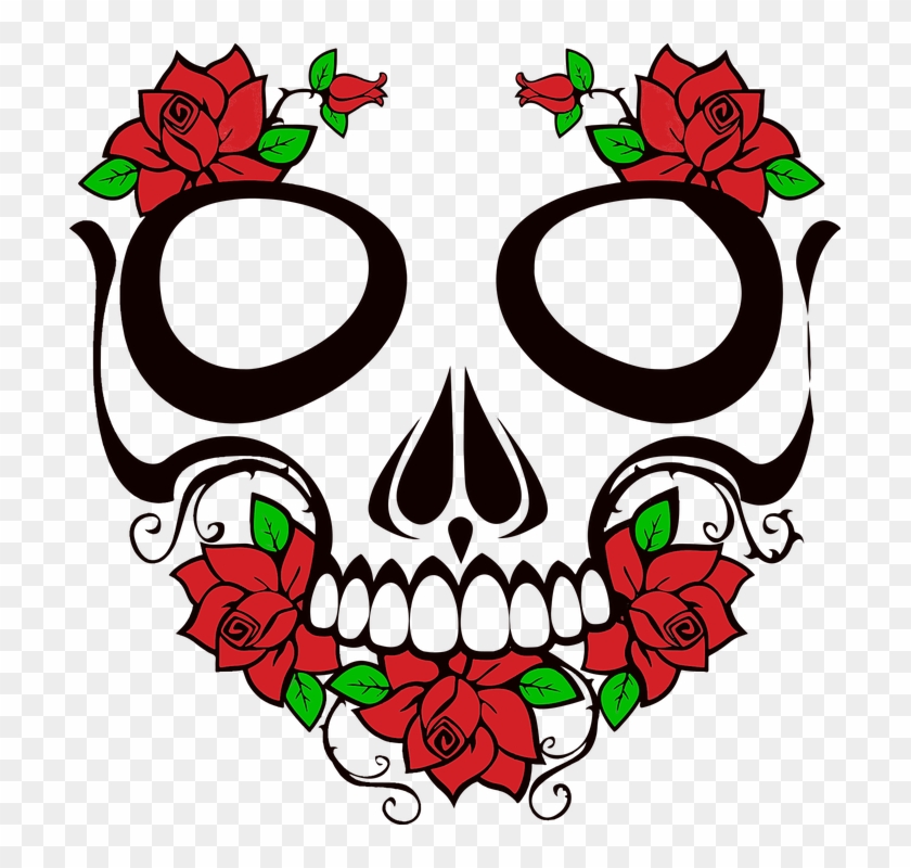 Stylized sugar skull with red roses and ornate black scrollwork, inspired by Day of the Dead art.
