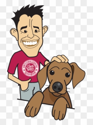Caricature of smiling man in red shirt petting a brown dog, both looking at viewer.