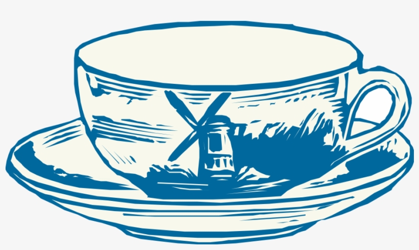 Blue line-art teacup and saucer featuring a windmill illustration on its side.