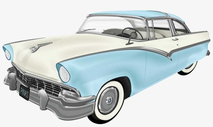 Classic 1950s two-tone Ford sedan in cream and light blue with chrome trim and whitewall tires.