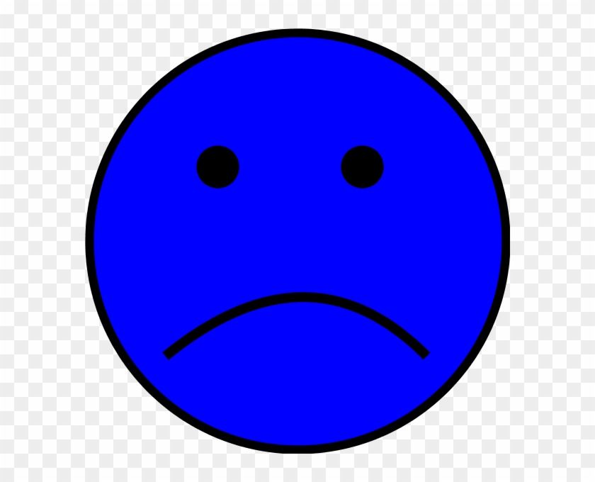 Blue sad face emoji with downturned mouth and black eyes on transparent background.