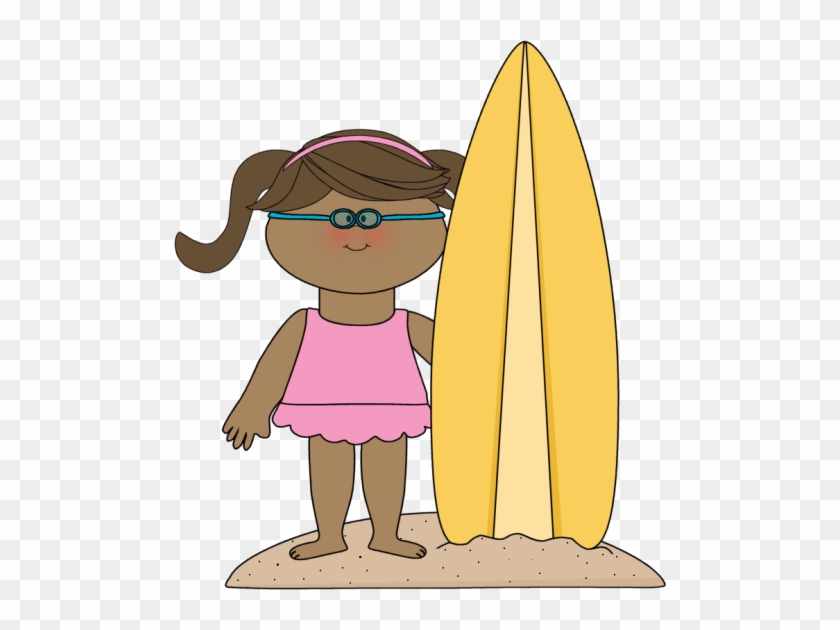 A smiling girl with brown skin, pigtails, pink swimsuit, and goggles stands beside a yellow surfboard on sand.