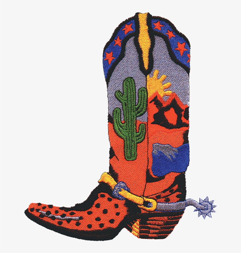Colorful embroidered cowboy boot with cactus, stars, sun, mountains, and spur design.