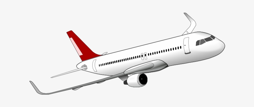 White commercial jet airliner with red tail fin, side view illustration on light background.