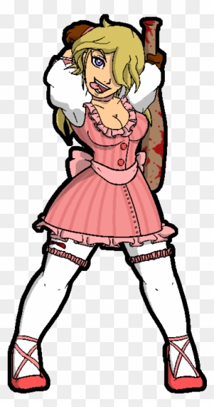 Blonde anime-style girl in pink frilly dress holding bloody baseball bat over shoulder, playful yet menacing expression.