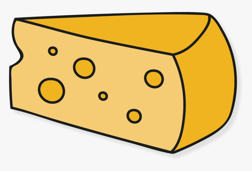 A cartoon-style wedge of yellow Swiss cheese with characteristic holes, outlined in black on a white background.