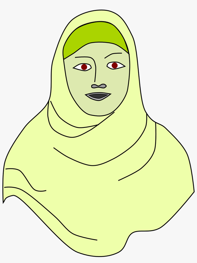 Stylized illustration of a woman wearing a light green hijab with red eyes and neutral expression.