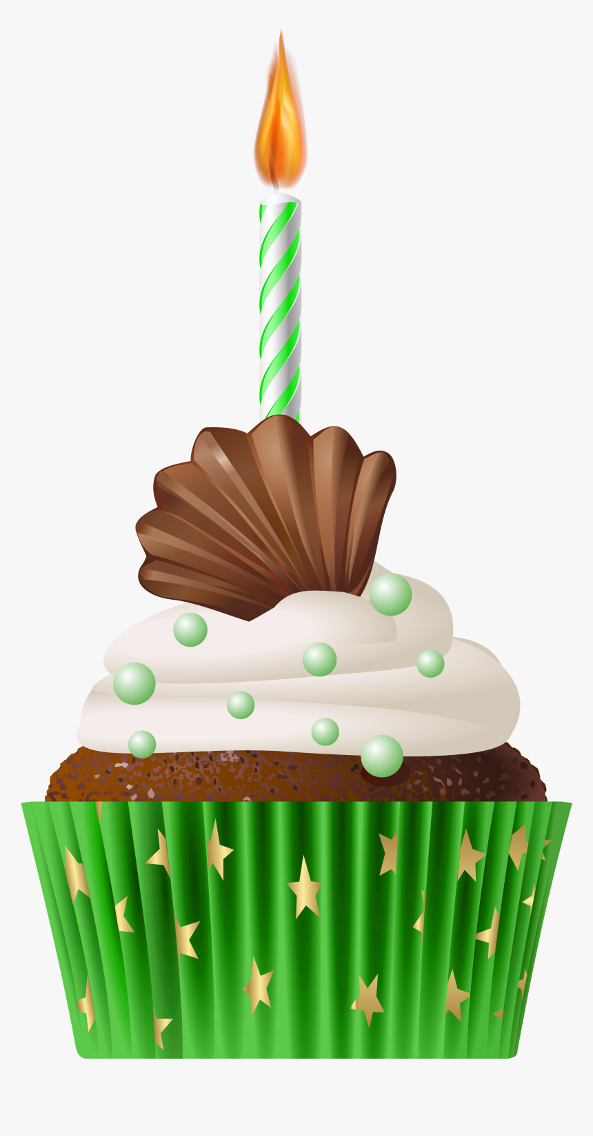 Birthday cupcake with green star wrapper, white frosting, chocolate shell, green sprinkles, and a lit green-and-white striped candle.