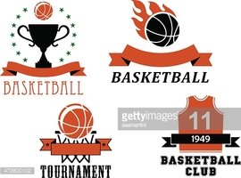 Collection of four vintage-style basketball logos: trophy, flaming ball, tournament bracket, and jersey with number 11 and 1949.
