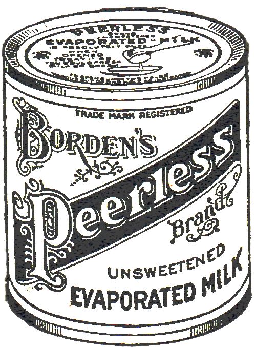 Vintage Borden’s Peerless Brand unsweetened evaporated milk can with ornate typography and trade mark label.