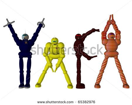 Four stylized robot figures in blue, yellow, red, and striped orange poses with arms raised or extended against a white background.
