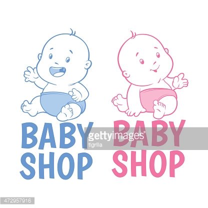 Blue and pink baby illustrations with "BABY SHOP" text for gender-specific infant product branding.