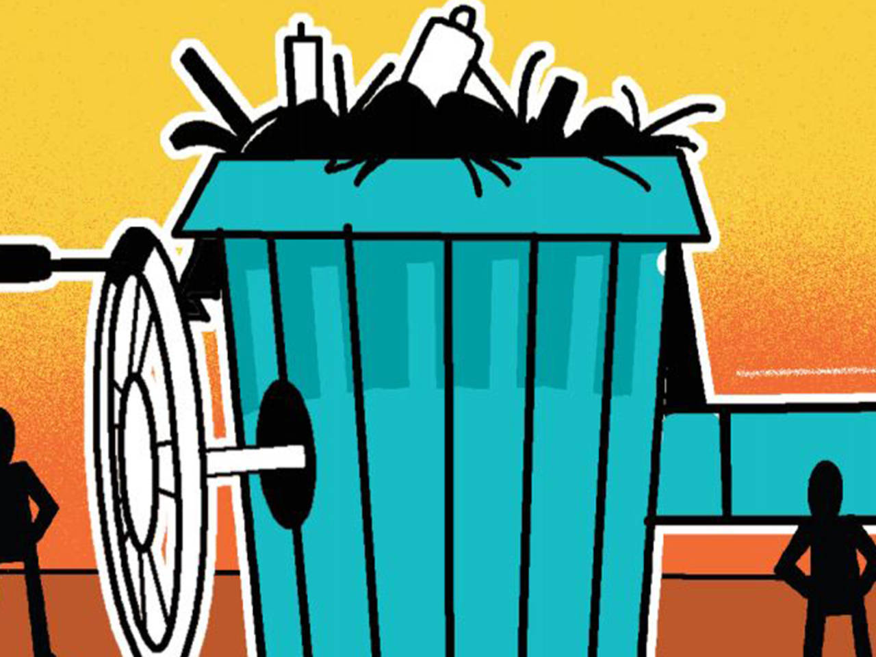 A cartoon-style illustration of a blue trash bin overflowing with black garbage and discarded items like bottles and cans.