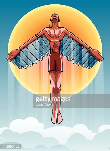 A winged angelic figure with outstretched arms floating before a radiant sun and clouds.