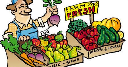 Cheerful farmer holding a radish at a vibrant farm-fresh produce stand with colorful vegetables and organic labels.