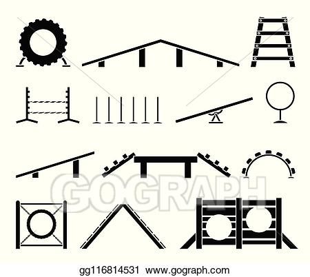 Black-and-white vector icons of obstacle course elements including tires, ramps, ladders, hurdles, and tunnels.