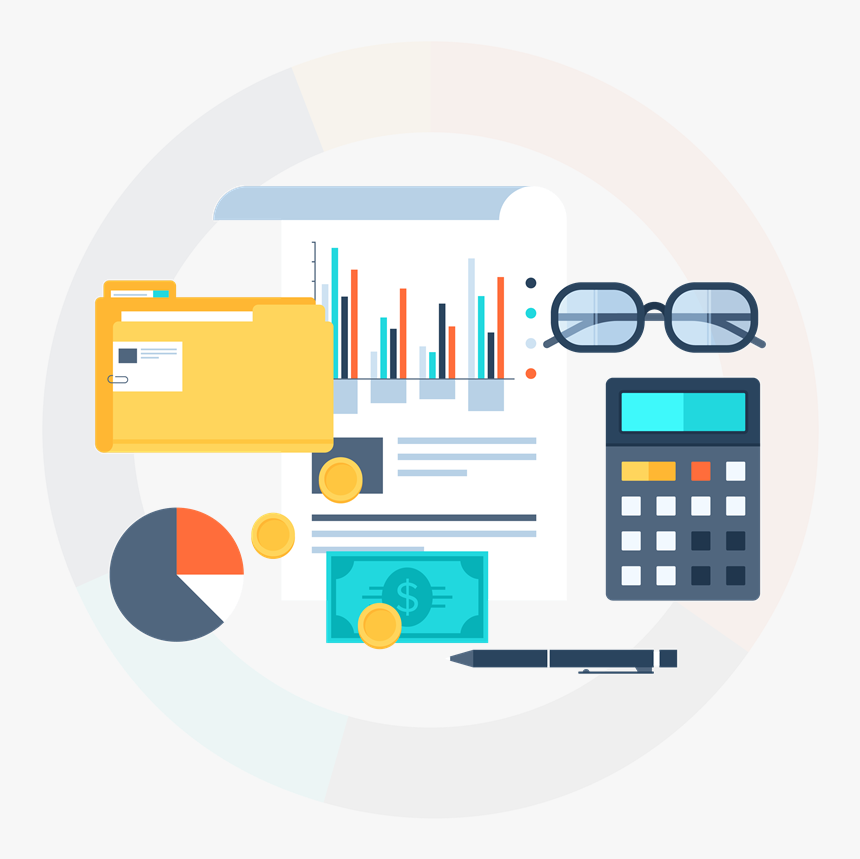 Financial analysis tools including charts, calculator, folder, money, glasses, and pen on a document background.