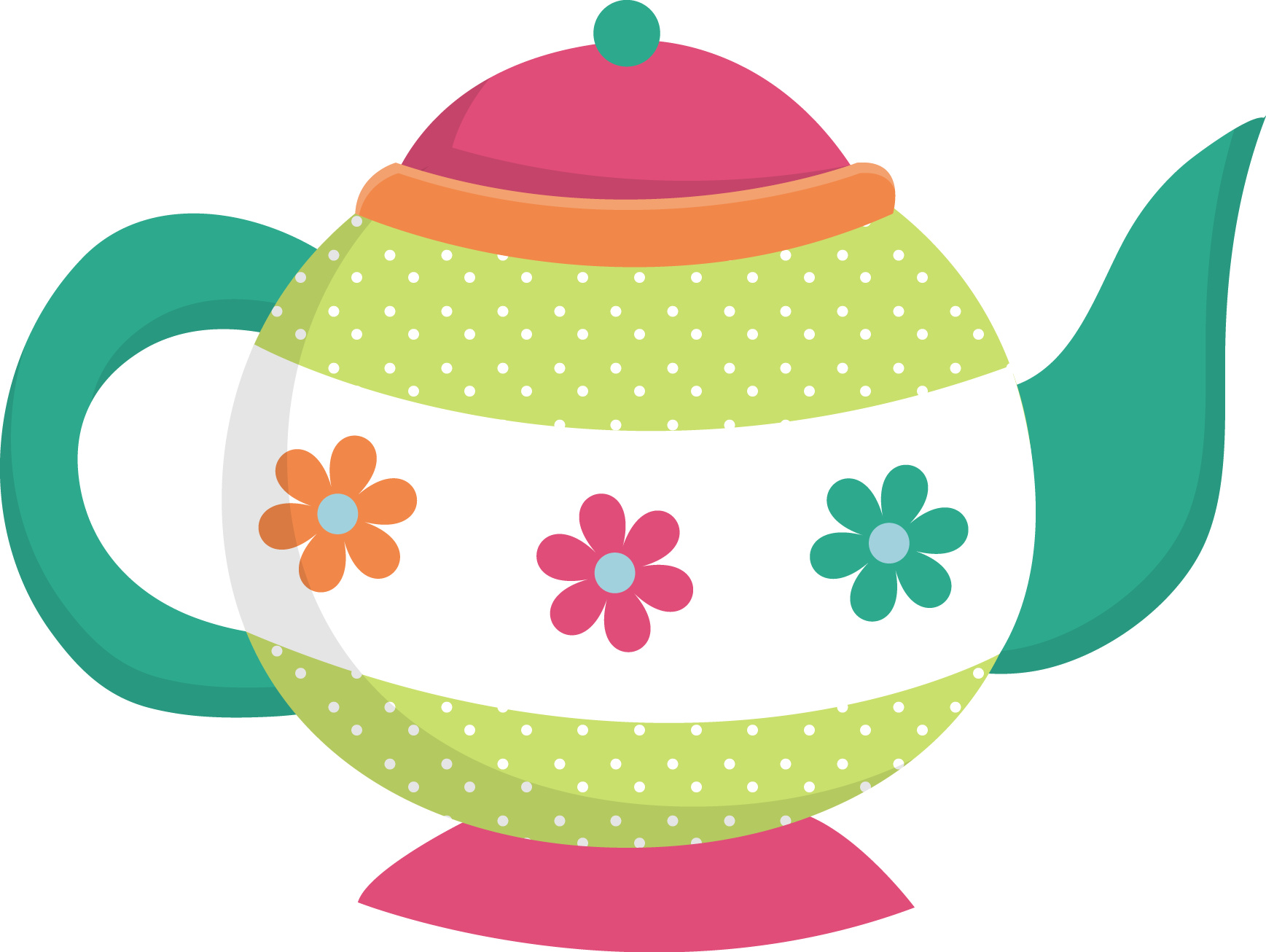 Colorful floral teapot with green handle, pink lid, and polka-dot bands.