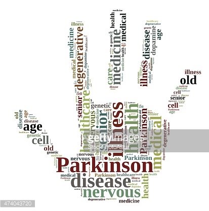 Word cloud shaped like a human brain, highlighting Parkinson’s disease, health, nervous system, age, and medical terms.