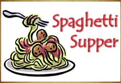 Cartoon-style spaghetti with meatballs on a plate, fork twirling noodles, labeled "Spaghetti Supper".