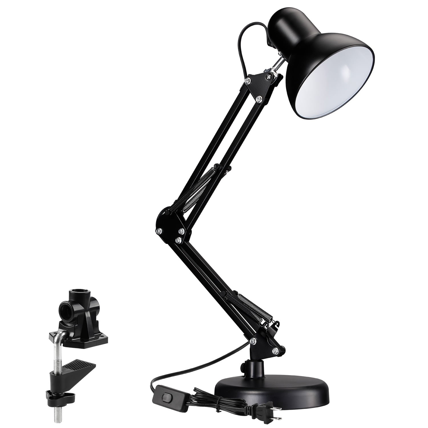 Black adjustable desk lamp with clamp attachment and gooseneck arm, ideal for workspace lighting.