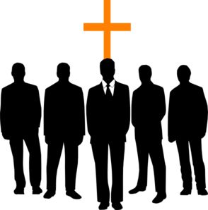 Five silhouetted men in suits standing beneath an orange Christian cross, symbolizing faith-based leadership or ministry team.