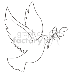 Line drawing of a dove in flight holding an olive branch, symbolizing peace.