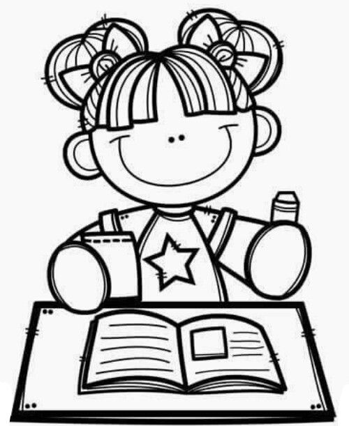 Smiling cartoon girl with pigtails reading a book at a desk, holding crayons.