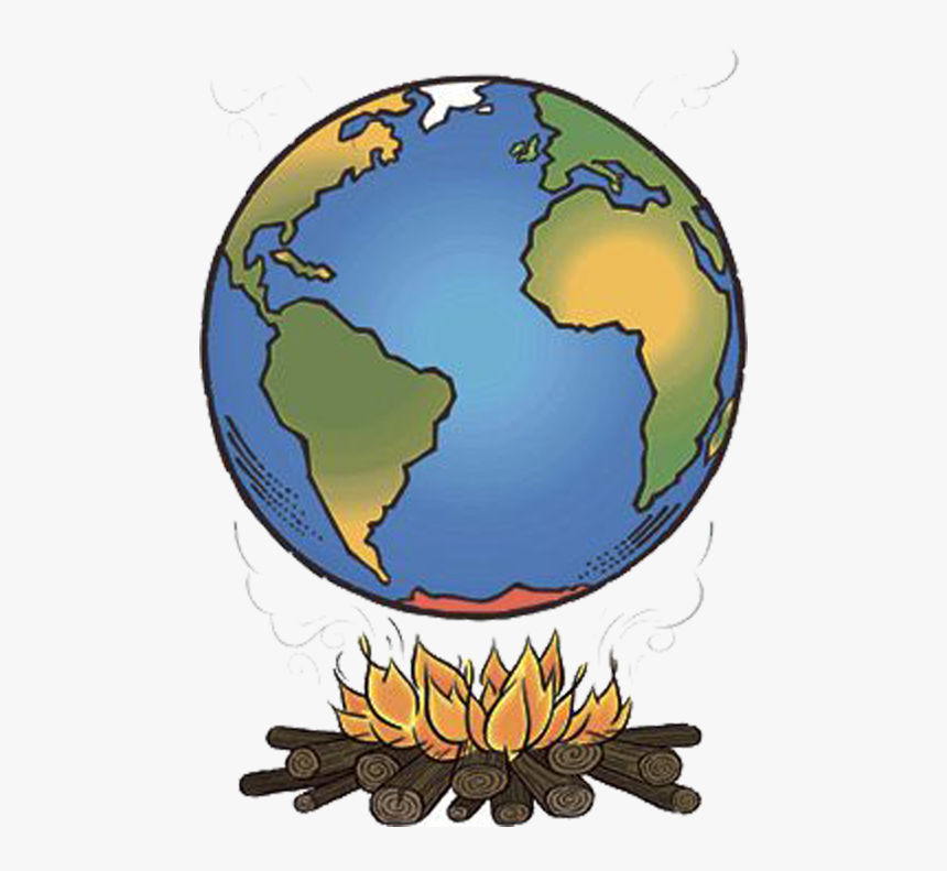 Earth globe hovering above a burning campfire, symbolizing climate change and environmental crisis.