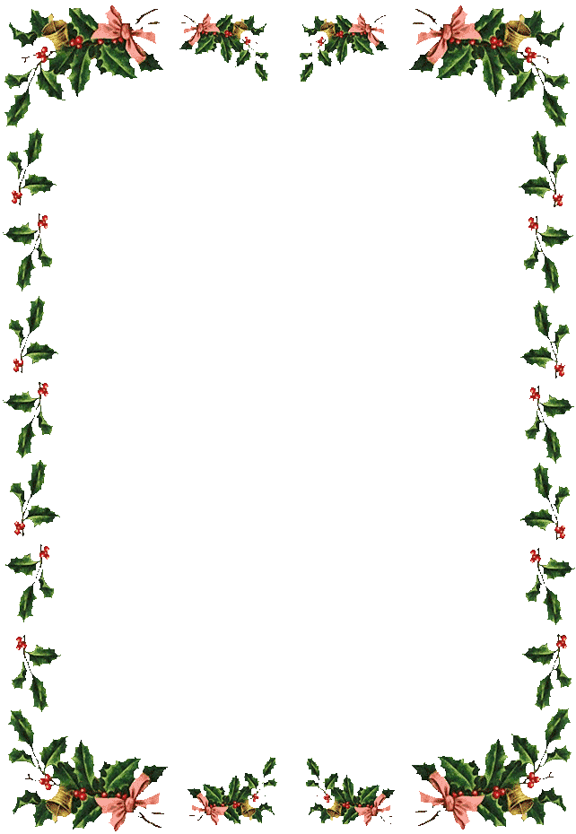 Festive holly border with red berries, pink bows, and golden bells on black background.