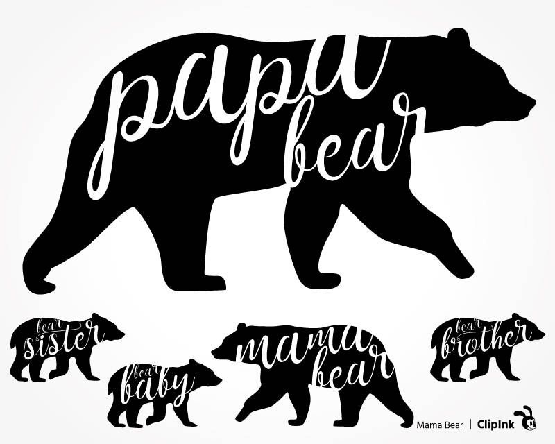 Silhouette illustration of a bear family with "Papa Bear", "Mama Bear", "Baby Bear", "Sister Bear", and "Brother Bear" written inside each bear.