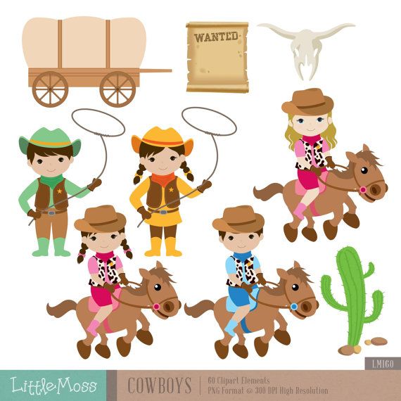 Cute cartoon cowboys and cowgirls with horses, wagon, cactus, lassos, and wanted poster in western theme clipart set.