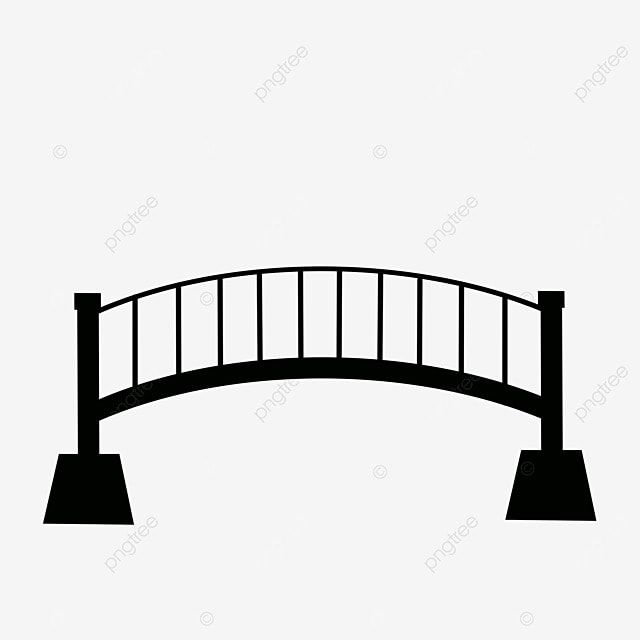 Silhouette of a simple arched pedestrian bridge with vertical railings and solid supports.