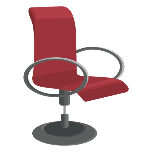 Modern red office chair with chrome circular armrests and swivel base on transparent background.