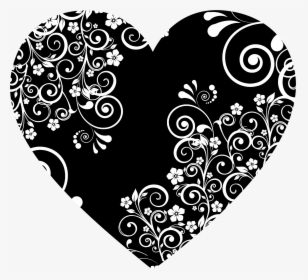 Black heart silhouette filled with elegant white floral swirl patterns and small blossoms.