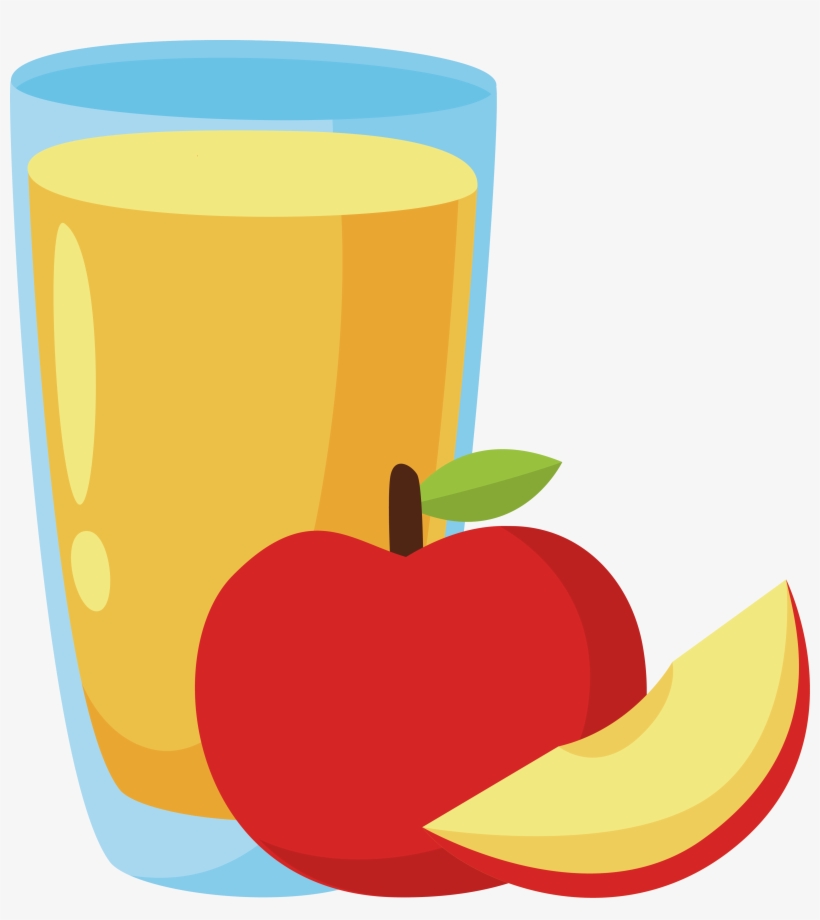 A glass of yellow apple juice beside a whole red apple and a sliced wedge, cartoon-style illustration.