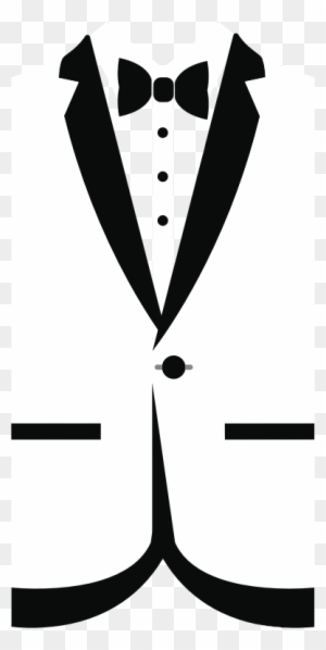 Black tuxedo silhouette with bow tie, vest, and single-button jacket on transparent background.