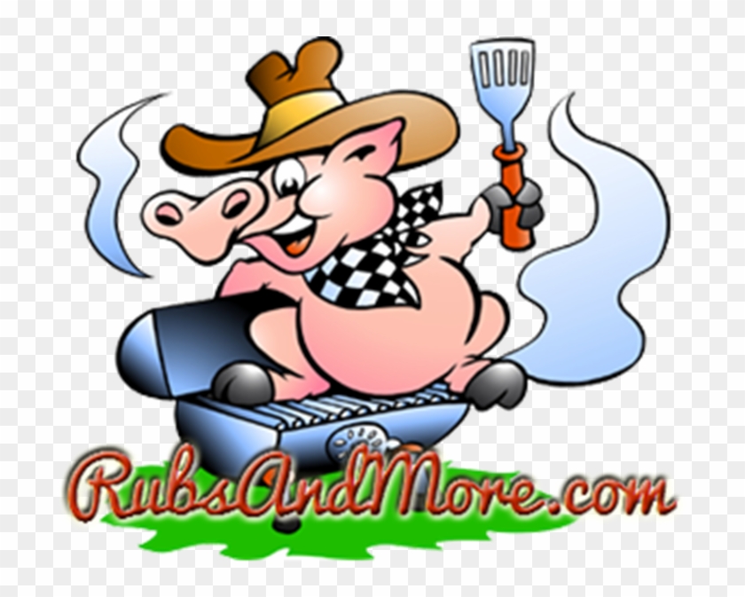 Cartoon pig in cowboy hat grilling with spatula, steam rising, "RubsAndMore.com" logo below.