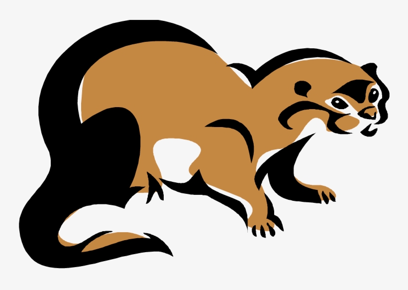 Stylized illustration of a weasel in motion, with tan body, black markings, and expressive face.