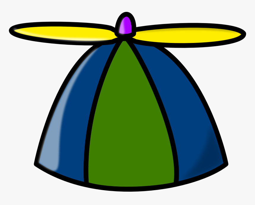 A colorful cartoon-style propeller hat with blue and green panels and a yellow spinning propeller on top.