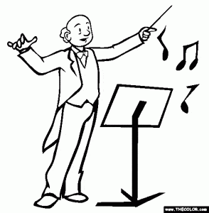 Black-and-white line drawing of a smiling conductor in formal attire, holding a baton and gesturing toward musical notes near a music stand.
