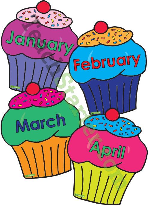 Four colorful cupcake illustrations labeled January, February, March, and April with sprinkles and cherries.